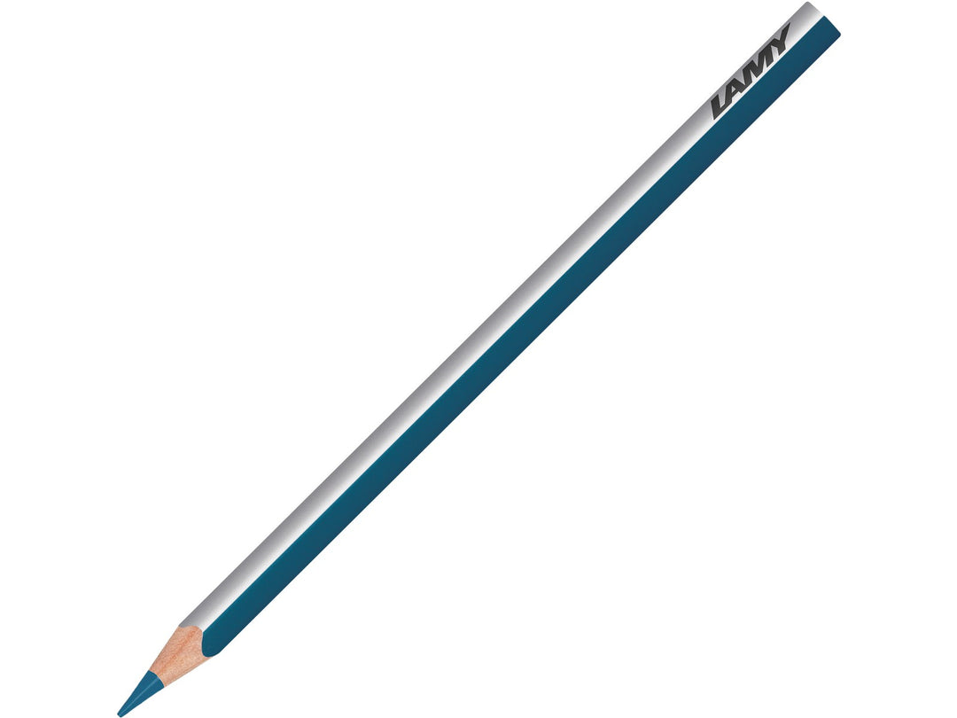 LAMY plus colour pencil in Helioblue Reddish featuring a silver and blue triangular barrel, high-quality colour core and ergonomic design for colouring, drawing, sketching and creative artwork