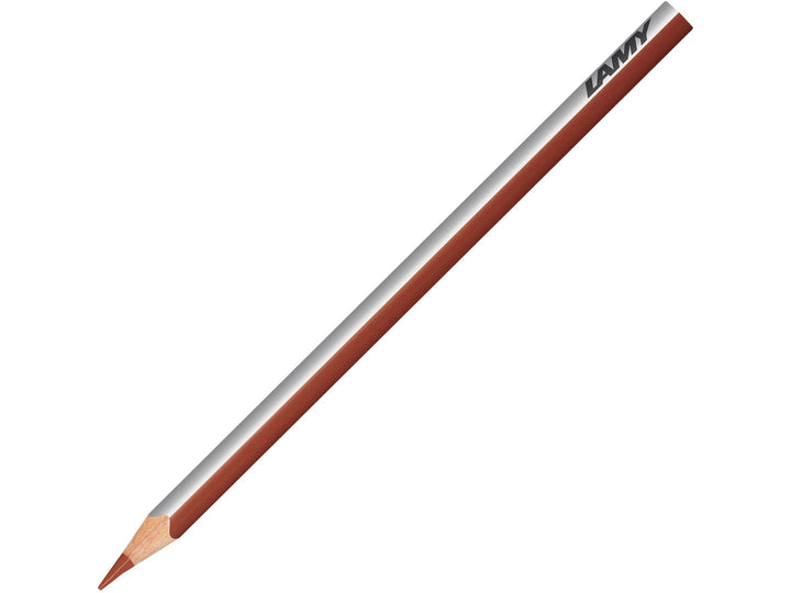 LAMY plus colour pencil in Indian Red featuring a silver and red triangular barrel, high-quality colour core and ergonomic design for colouring, drawing, sketching and creative artwork