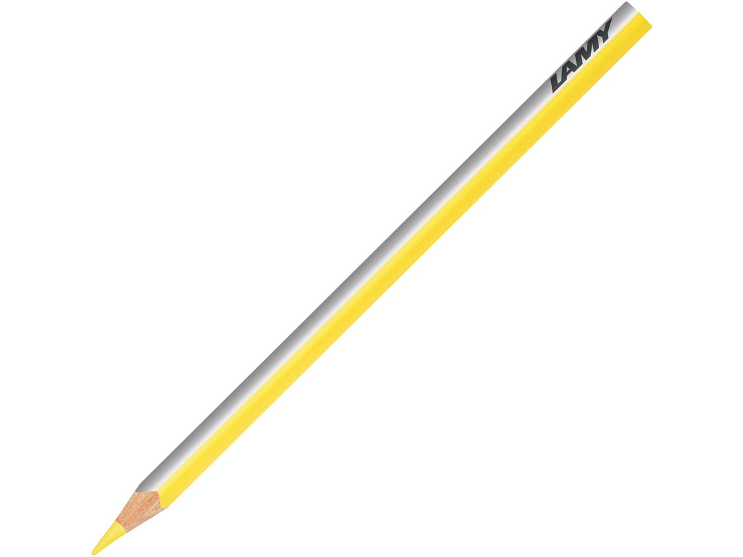LAMY plus colour pencil in Lemon Cadmium featuring a silver and yellow triangular barrel, high-quality colour core and ergonomic design for colouring, drawing, sketching and creative artwork
