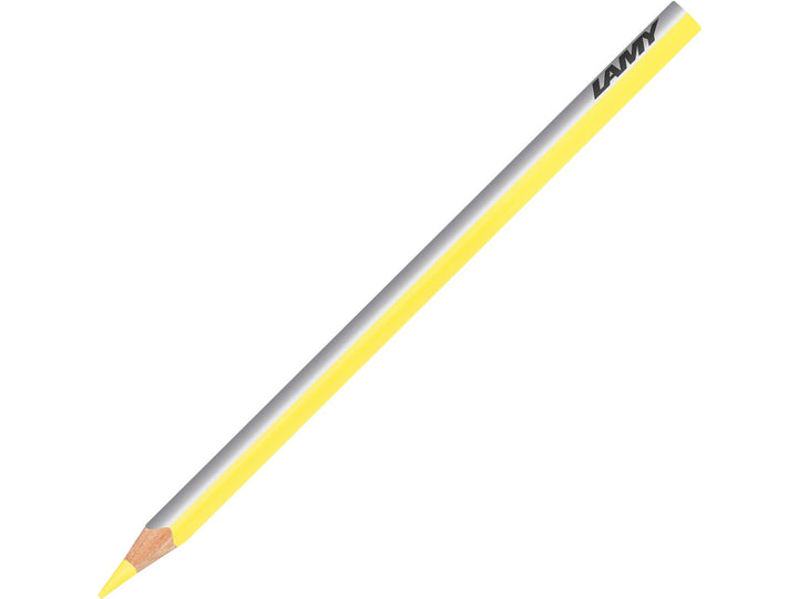 LAMY plus colour pencil in Light Yellow Glaze featuring a silver and yellow triangular barrel, high-quality colour core and ergonomic design for colouring, drawing, sketching and creative artwork