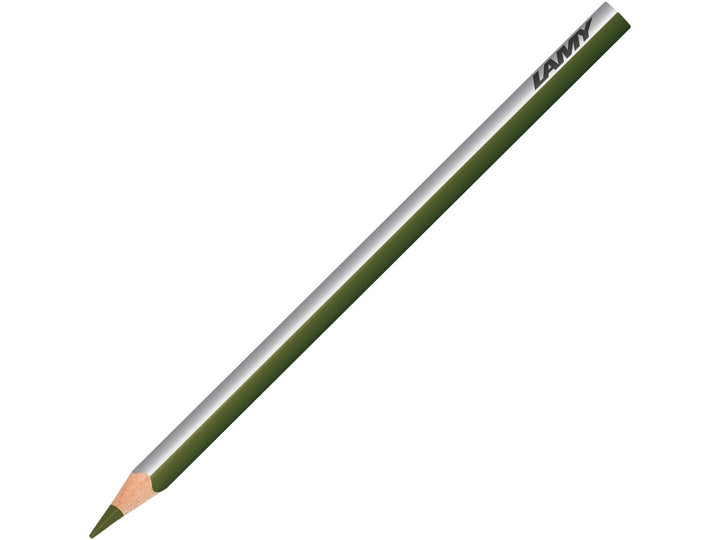 LAMY plus colour pencil in Olive Green Yellowish featuring a silver and green triangular barrel, high-quality colour core and ergonomic design for colouring, drawing, sketching and creative artwork