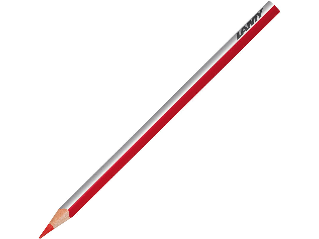 LAMY plus colour pencil in Pale Geranium Lake featuring a silver and red triangular barrel, high-quality colour core and ergonomic design for colouring, drawing, sketching and creative artwork
