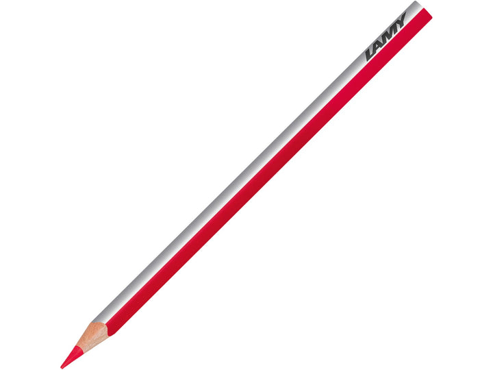 LAMY plus colour pencil in Scarlet Red featuring a silver and red triangular barrel, high-quality colour core and ergonomic design for colouring, drawing, sketching and creative artwork