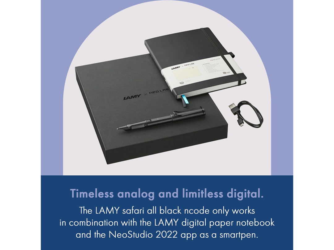 LAMY safari all black ncode Set Digital Writing feature graphic showing Smartpen, Digital Paper Notebook and Neo Studio compatibility