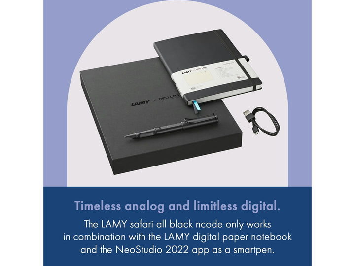 LAMY safari all black ncode Set Digital Writing feature graphic showing Smartpen, Digital Paper Notebook and Neo Studio compatibility