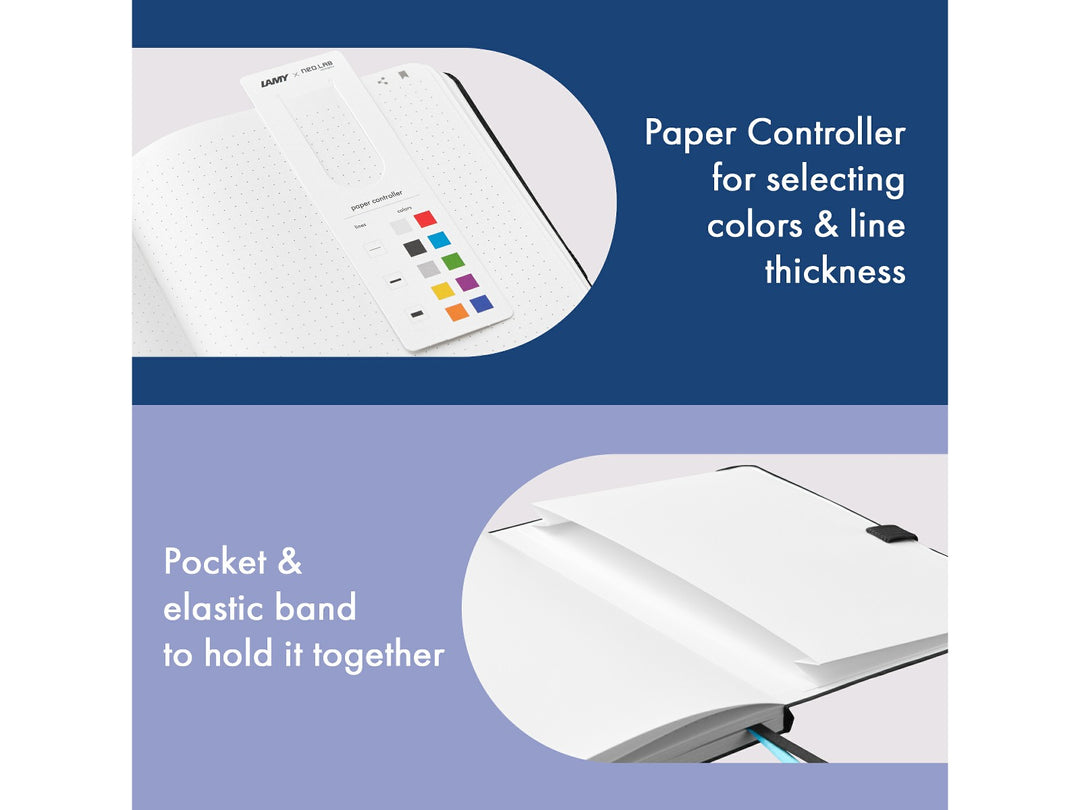LAMY Digital Paper Notebook for ncode Technology feature graphic showing colour selection controller, line thickness adjustment, storage pocket and elastic closure band