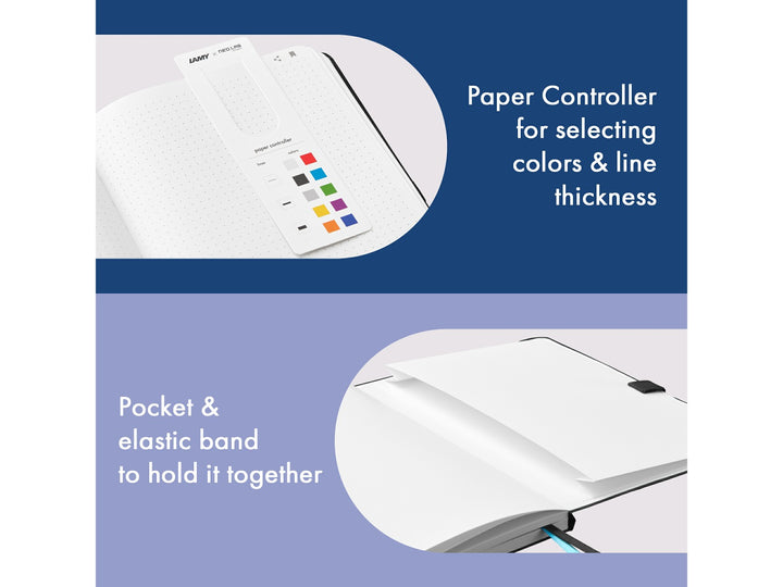LAMY Digital Paper Notebook for ncode Technology feature graphic showing colour selection controller, line thickness adjustment, storage pocket and elastic closure band
