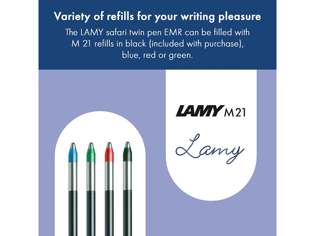 LAMY safari all black ncode Smartpen Digital Writing feature graphic showing compatible LAMY M21 refills in black, blue, red and green