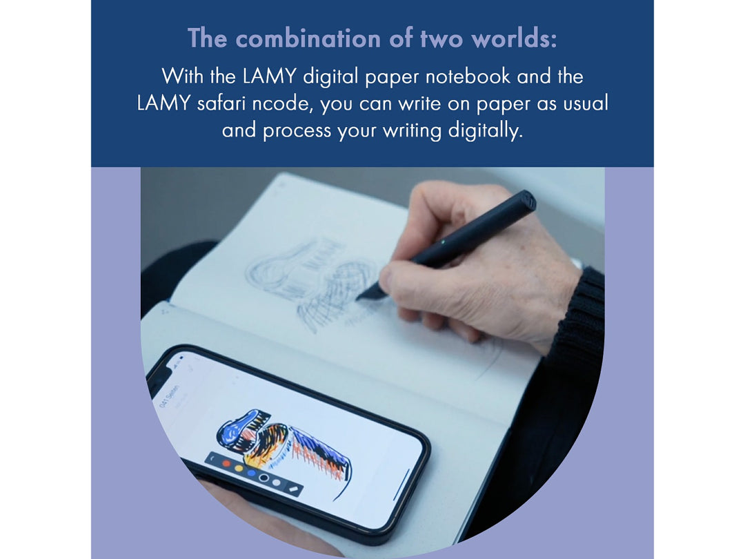 LAMY safari all black ncode Smartpen Digital Writing feature graphic showing handwritten notes synchronised to a smartphone using ncode technology