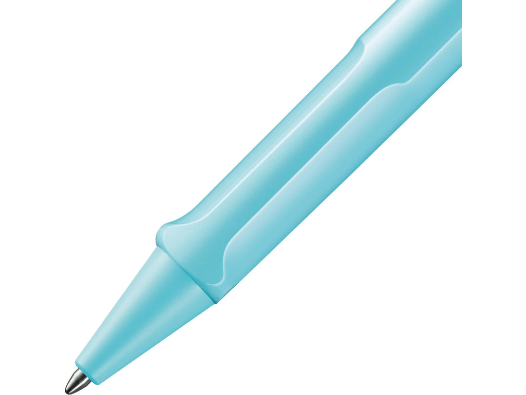Close-up of the LAMY safari Ballpoint Pen in Aquasky featuring the ergonomic moulded grip section, matching Aquasky cone tip and durable ASA plastic construction