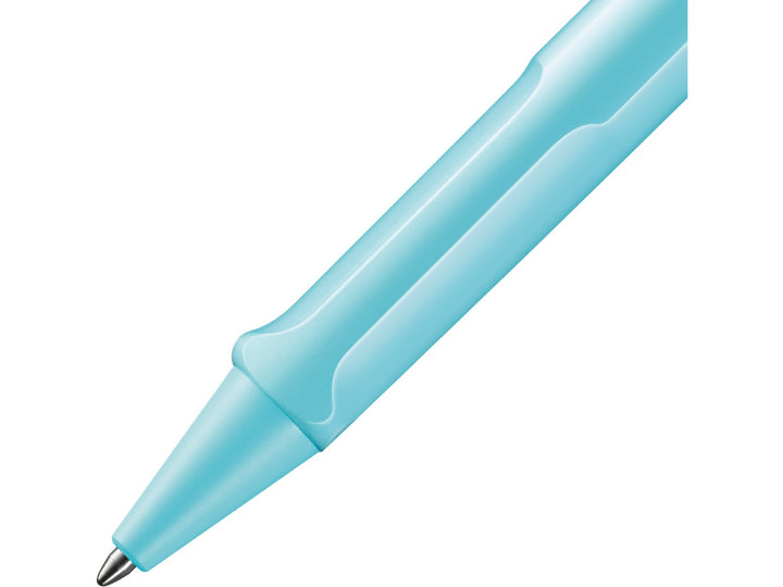 Close-up of the LAMY safari Ballpoint Pen in Aquasky featuring the ergonomic moulded grip section, matching Aquasky cone tip and durable ASA plastic construction
