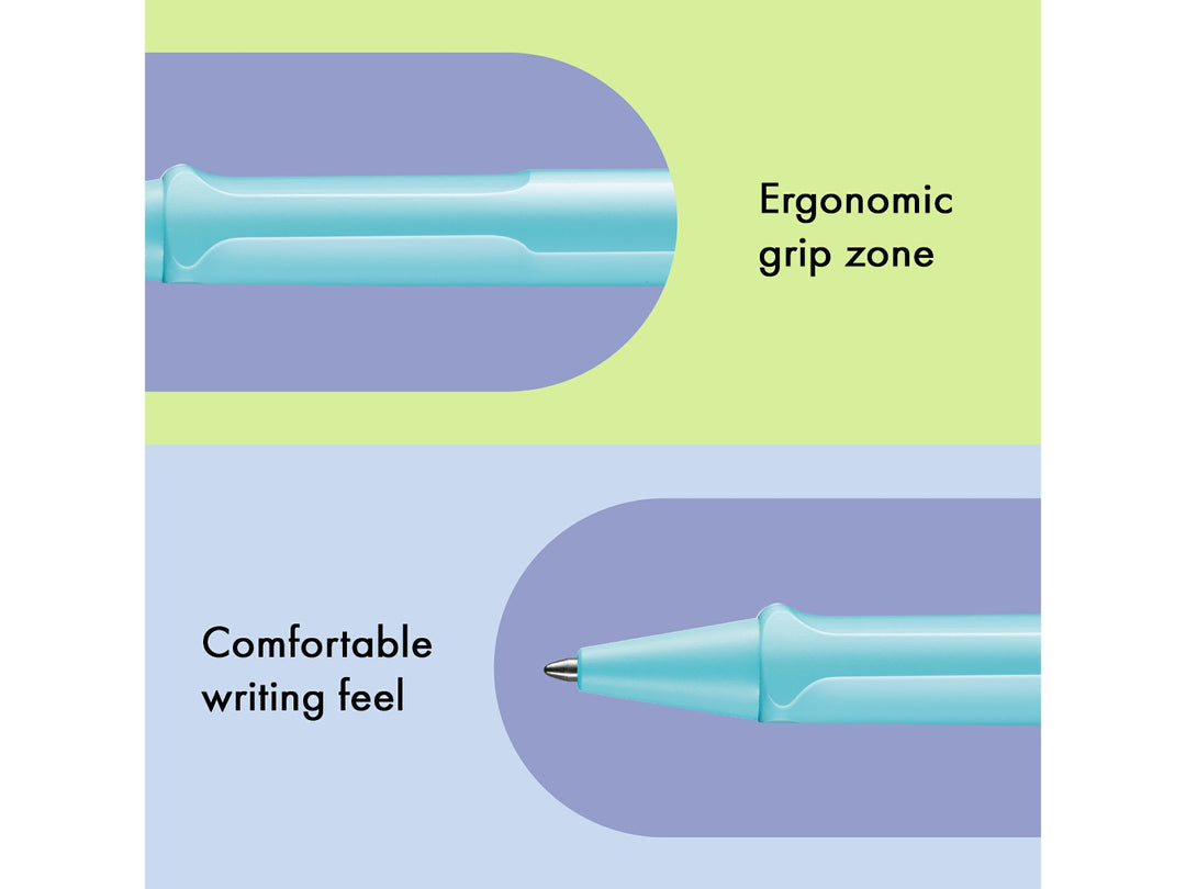 Infographic highlighting the ergonomic grip zone and comfortable writing feel of the LAMY safari Ballpoint Pen in Aquasky, featuring the moulded grip section, matching Aquasky cone tip and lightweight ASA plastic construction