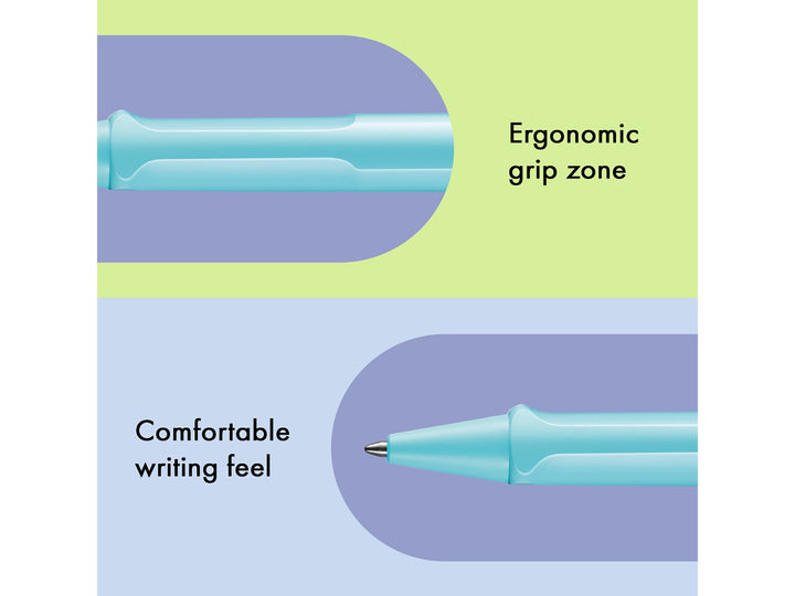 Infographic highlighting the ergonomic grip zone and comfortable writing feel of the LAMY safari Ballpoint Pen in Aquasky, featuring the moulded grip section, matching Aquasky cone tip and lightweight ASA plastic construction
