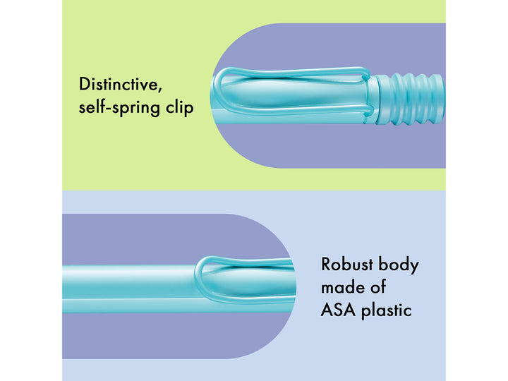 Infographic highlighting the distinctive self-sprung metal clip and durable ASA plastic body of the LAMY safari Ballpoint Pen in Aquasky, showcasing the matching Aquasky finish and robust lightweight construction