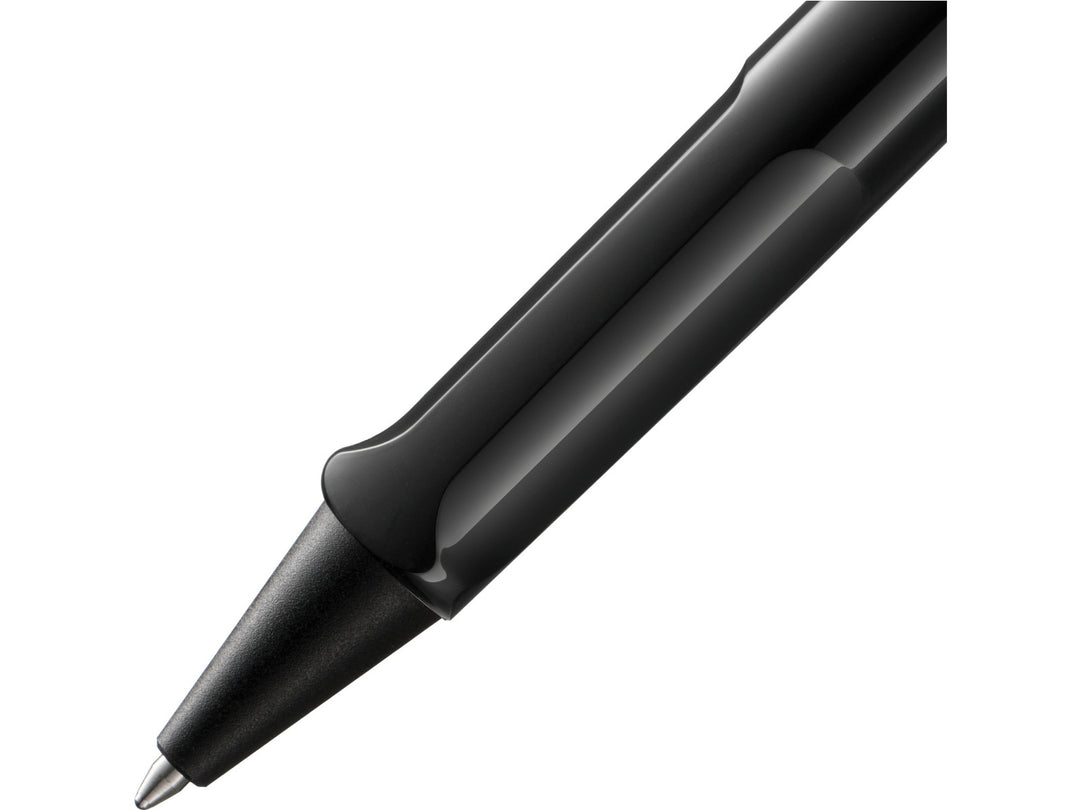 Close-up of the LAMY safari Ballpoint Pen in Black featuring the ergonomic moulded grip section, black cone tip and durable ASA plastic construction
