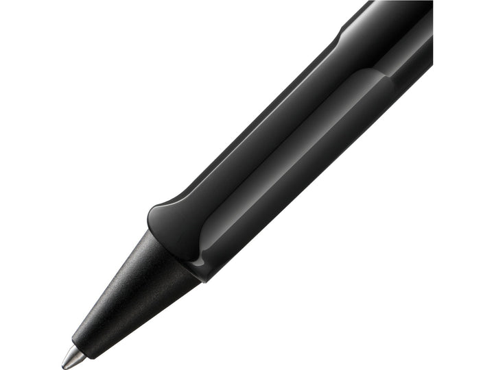 Close-up of the LAMY safari Ballpoint Pen in Black featuring the ergonomic moulded grip section, black cone tip and durable ASA plastic construction