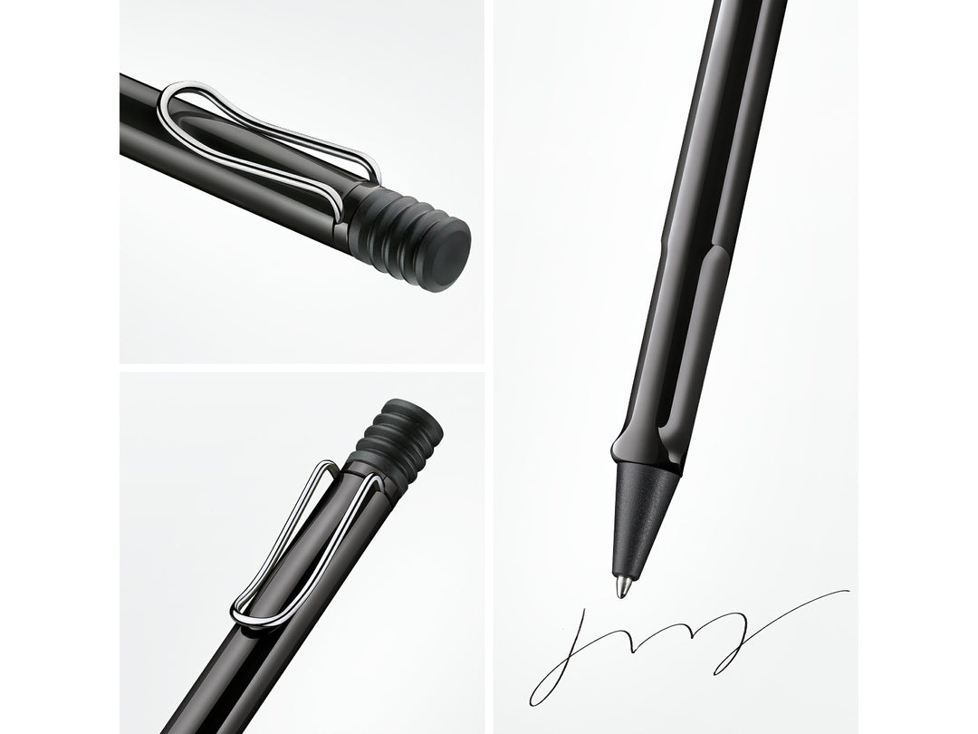 Collage showcasing key design features of the LAMY safari Ballpoint Pen in Black, including the signature self-sprung metal clip, ergonomic grip section, push-button mechanism and smooth ballpoint writing performance