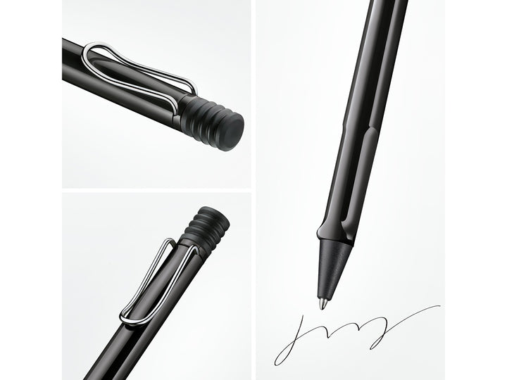 Collage showcasing key design features of the LAMY safari Ballpoint Pen in Black, including the signature self-sprung metal clip, ergonomic grip section, push-button mechanism and smooth ballpoint writing performance