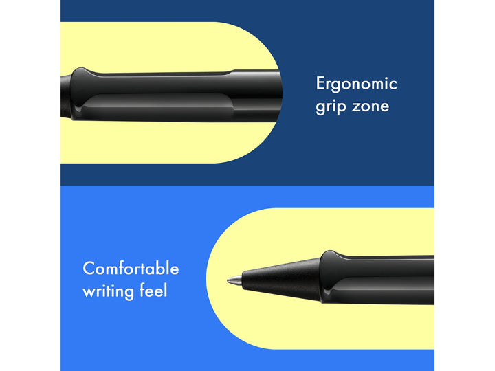 Infographic highlighting the ergonomic grip zone and comfortable writing feel of the LAMY safari Ballpoint Pen in Black, featuring the moulded grip section, black cone tip and durable ASA plastic construction