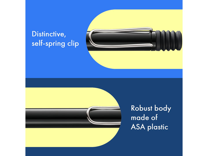 Infographic highlighting the distinctive self-sprung metal clip and durable ASA plastic body of the LAMY safari Ballpoint Pen in Black, showcasing the iconic wire clip design and robust lightweight construction