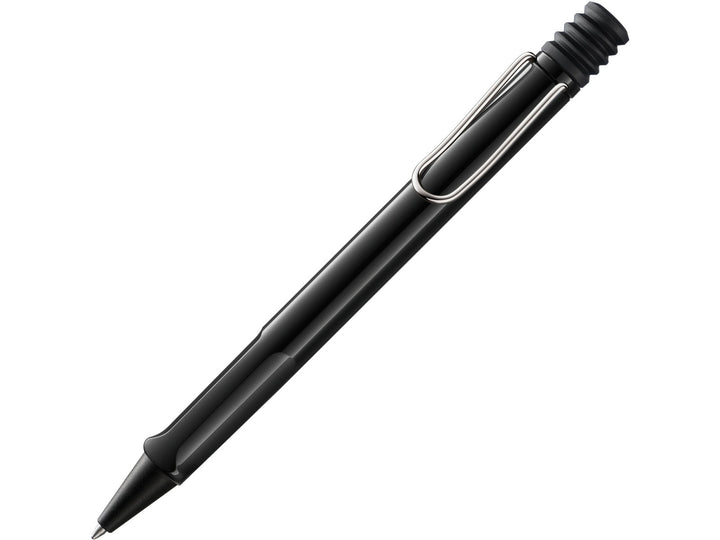 LAMY safari Ballpoint Pen in Black featuring a durable ASA plastic body, ergonomic grip section, black cone tip and signature self-sprung metal clip