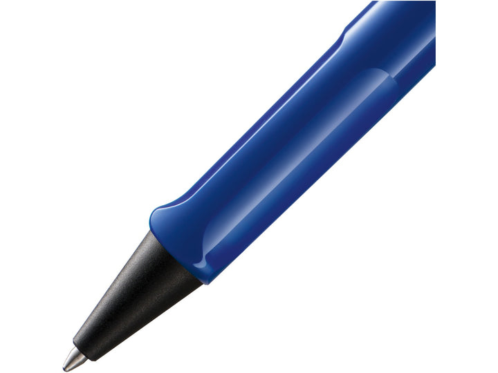 Close-up of the LAMY safari Ballpoint Pen in Blue featuring the ergonomic moulded grip section, black cone tip and durable ASA plastic construction