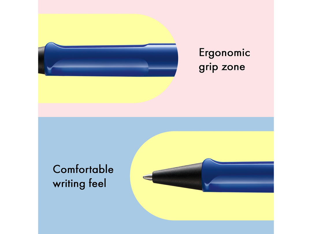 Infographic highlighting the ergonomic grip zone and comfortable writing feel of the LAMY safari Ballpoint Pen in Blue, featuring the moulded grip section, black cone tip and durable ASA plastic construction