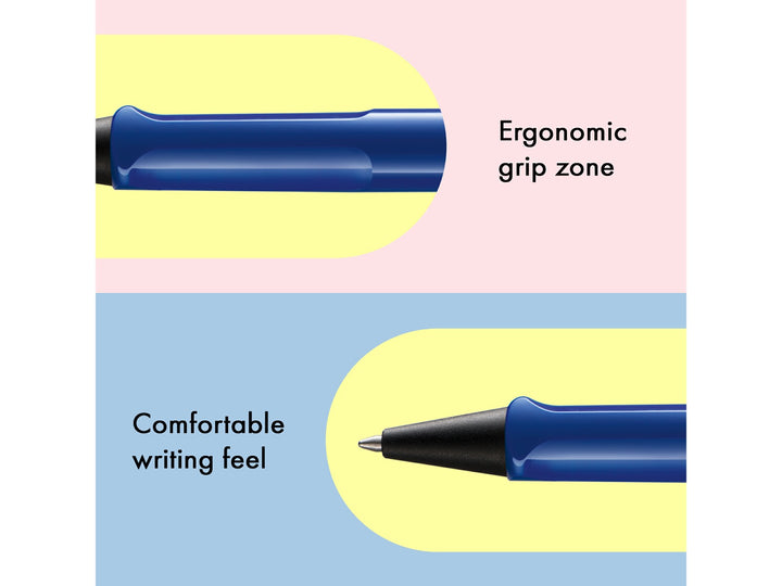 Infographic highlighting the ergonomic grip zone and comfortable writing feel of the LAMY safari Ballpoint Pen in Blue, featuring the moulded grip section, black cone tip and durable ASA plastic construction
