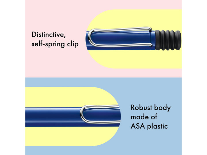 Infographic highlighting the distinctive self-sprung metal clip and durable ASA plastic body of the LAMY safari Ballpoint Pen in Blue, showcasing the iconic wire clip design and robust lightweight construction