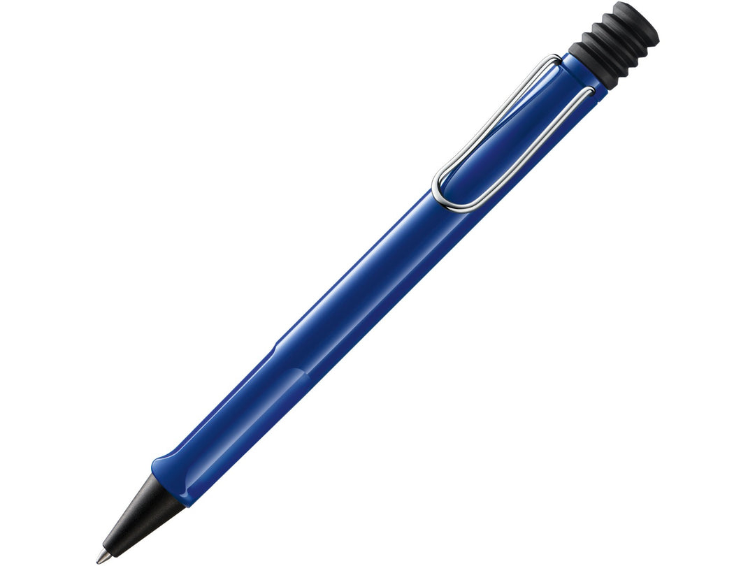 LAMY safari ballpoint pen in Blue with ergonomic grip section, self-sprung metal clip and blue medium LAMY M16 refill