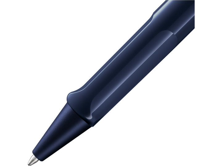 Close-up of the LAMY safari Ballpoint Pen in Dark Dusk 2025 Special Edition showing the ergonomic grip section, matching cone tip and durable ASA plastic construction