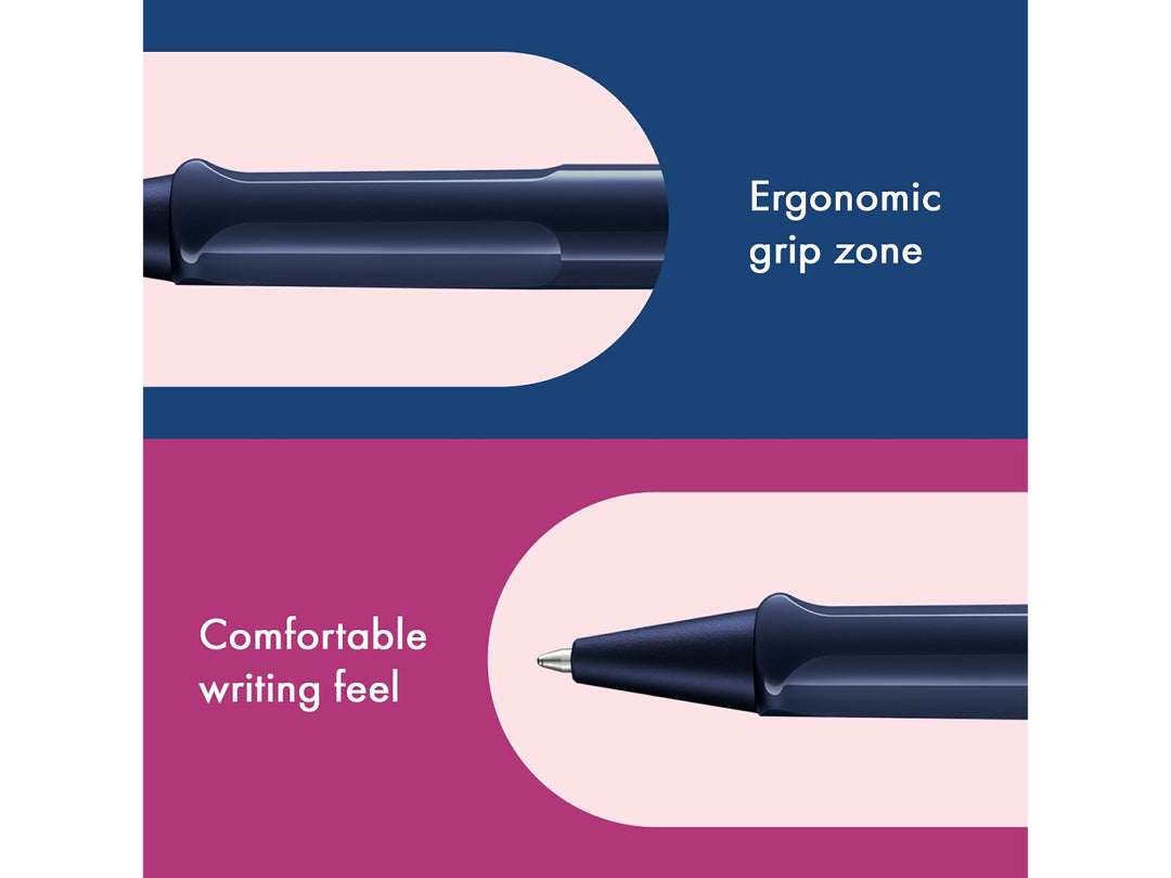 Infographic highlighting the ergonomic grip zone and comfortable writing feel of the LAMY safari Ballpoint Pen in Dark Dusk 2025 Special Edition, featuring the moulded grip section and matching dark blue cone tip