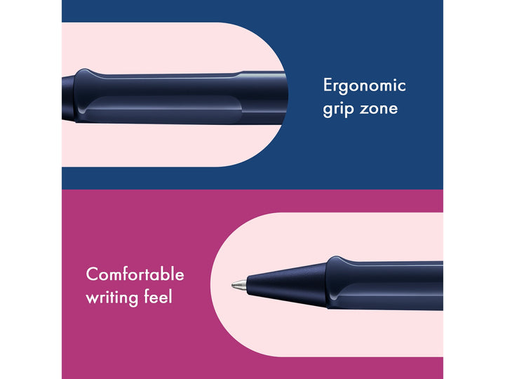 Infographic highlighting the ergonomic grip zone and comfortable writing feel of the LAMY safari Ballpoint Pen in Dark Dusk 2025 Special Edition, featuring the moulded grip section and matching dark blue cone tip