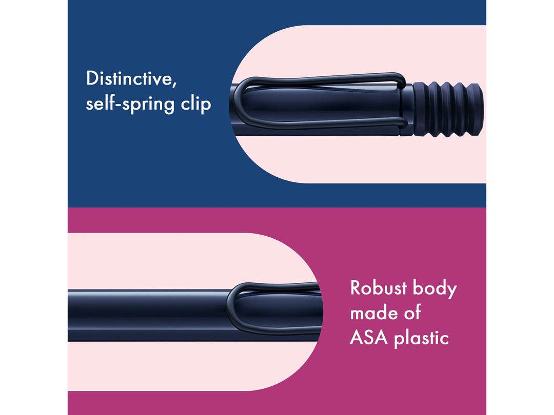 Infographic highlighting the distinctive self-sprung metal clip and durable ASA plastic body of the LAMY safari Ballpoint Pen in Dark Dusk 2025 Special Edition, showcasing the deep blue finish and robust construction
