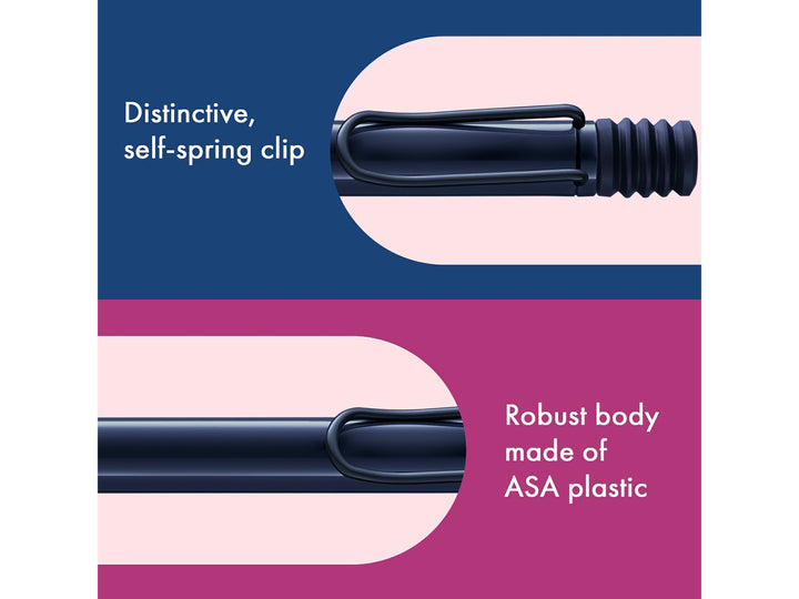 Infographic highlighting the distinctive self-sprung metal clip and durable ASA plastic body of the LAMY safari Ballpoint Pen in Dark Dusk 2025 Special Edition, showcasing the deep blue finish and robust construction