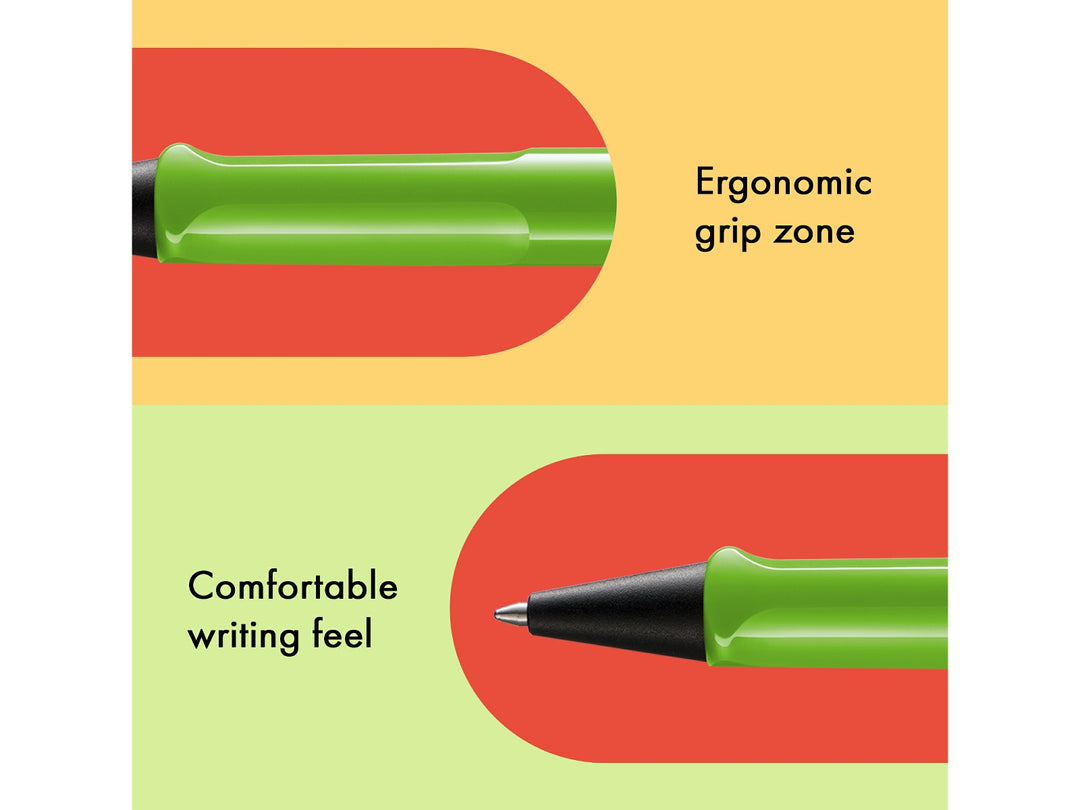 Infographic highlighting the ergonomic grip zone and comfortable writing feel of the LAMY safari Ballpoint Pen in Green, featuring the moulded grip section, black cone tip and durable ASA plastic construction