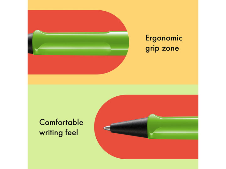 Infographic highlighting the ergonomic grip zone and comfortable writing feel of the LAMY safari Ballpoint Pen in Green, featuring the moulded grip section, black cone tip and durable ASA plastic construction
