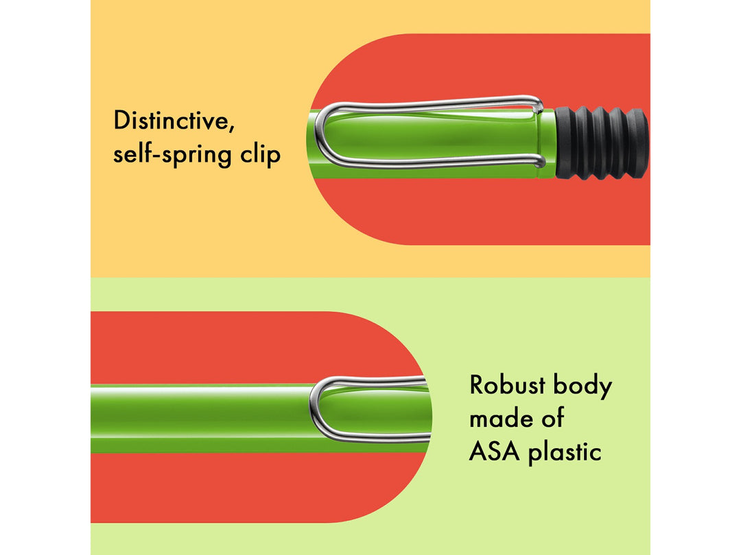Infographic highlighting the distinctive self-sprung metal clip and durable ASA plastic body of the LAMY safari Ballpoint Pen in Green, showcasing the iconic wire clip design, bright green finish and robust lightweight construction