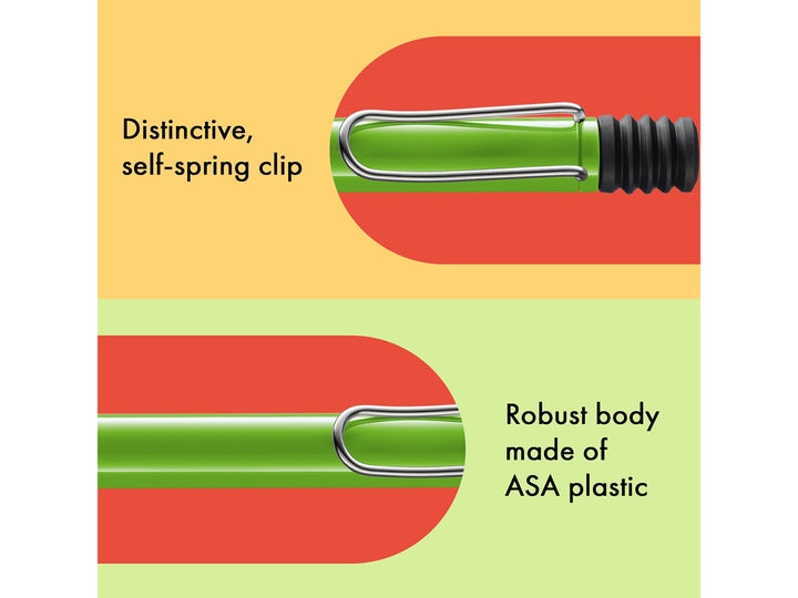 Infographic highlighting the distinctive self-sprung metal clip and durable ASA plastic body of the LAMY safari Ballpoint Pen in Green, showcasing the iconic wire clip design, bright green finish and robust lightweight construction
