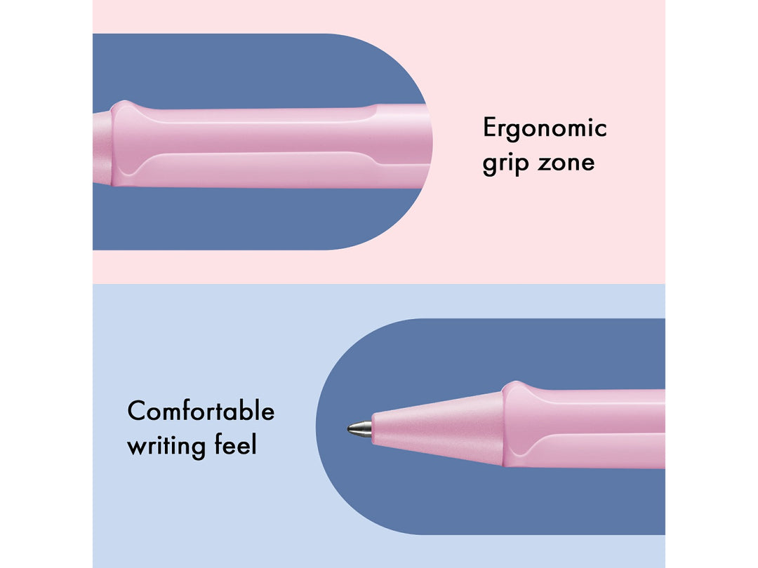 Infographic highlighting the ergonomic grip zone and comfortable writing feel of the LAMY safari Ballpoint Pen in Light Rose, featuring the moulded grip section, matching Light Rose cone tip and durable ASA plastic construction