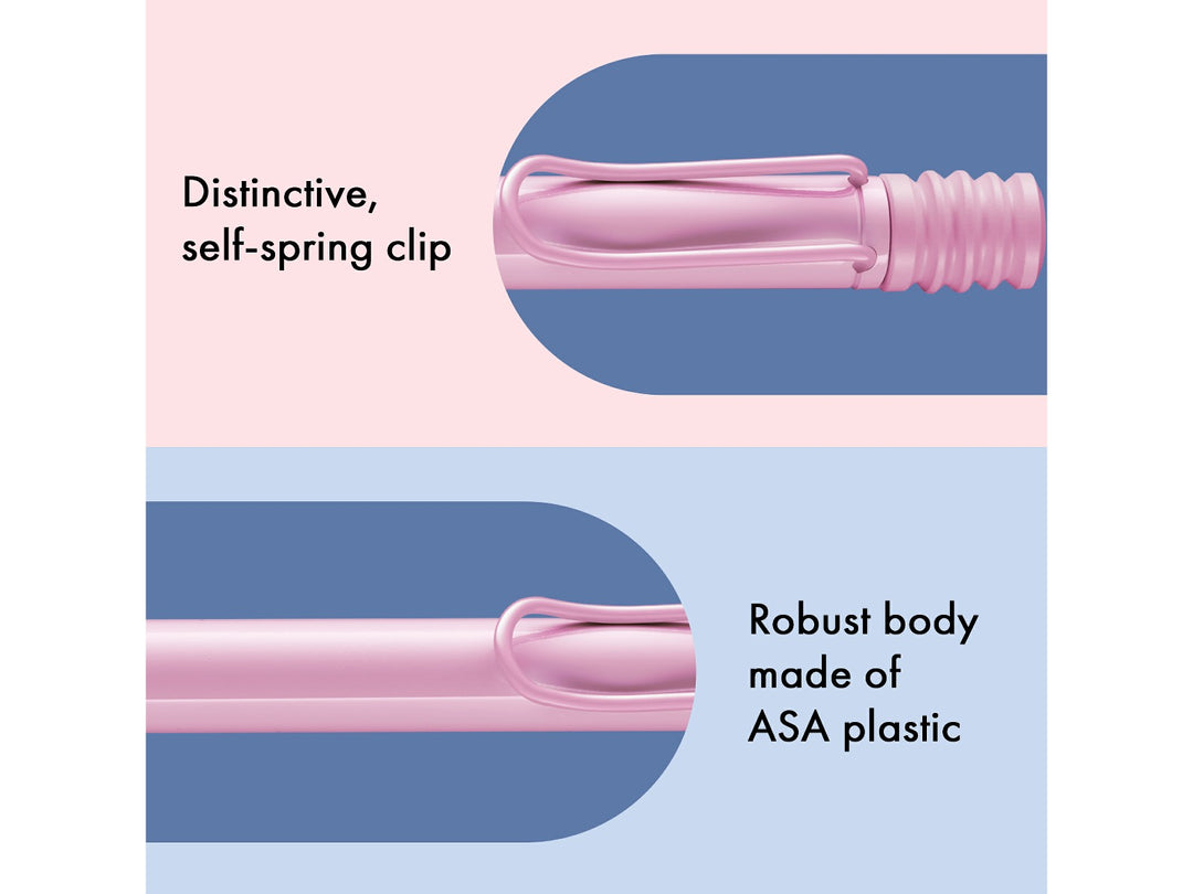 Infographic highlighting the distinctive self-sprung clip and durable ASA plastic body of the LAMY safari Ballpoint Pen in Light Rose, showcasing the matching Light Rose clip, barrel and robust lightweight construction
