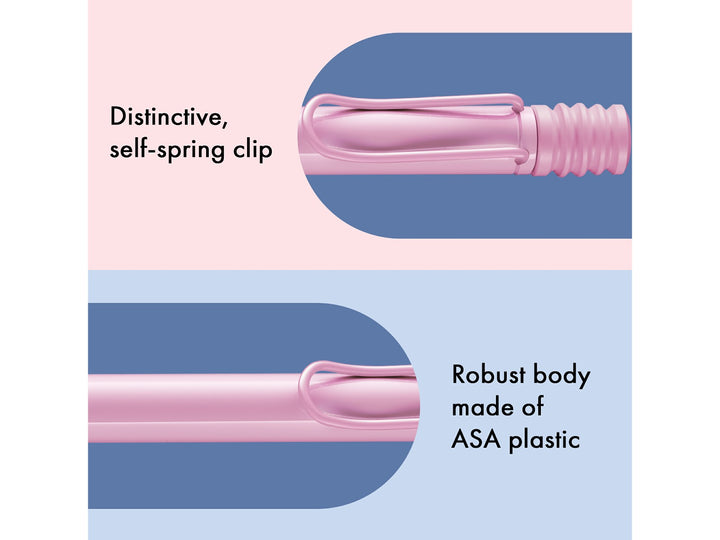 Infographic highlighting the distinctive self-sprung clip and durable ASA plastic body of the LAMY safari Ballpoint Pen in Light Rose, showcasing the matching Light Rose clip, barrel and robust lightweight construction