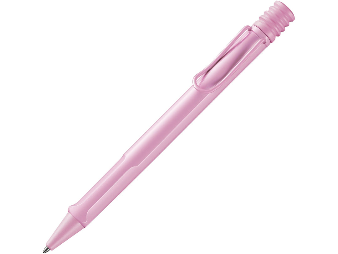 LAMY safari ballpoint pen in Light Rose with ergonomic grip section, self-sprung metal clip and blue medium LAMY M16 refill