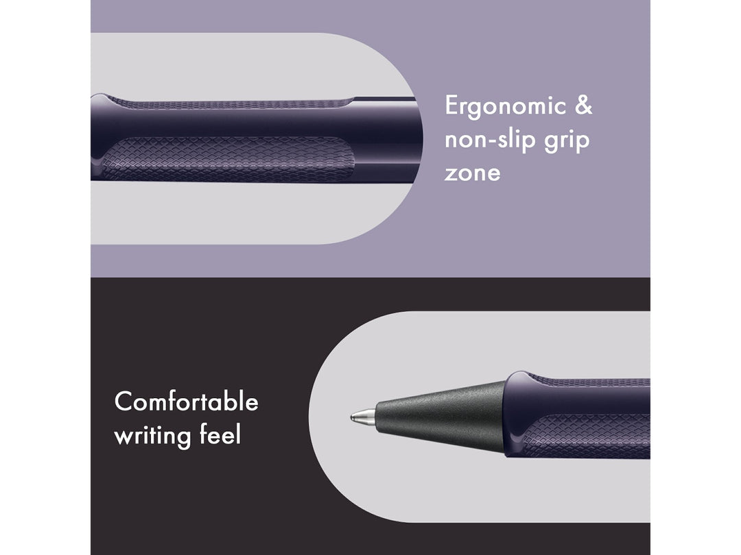 LAMY safari Ballpoint Pen Meteora Special Edition 2026 feature graphic showing ergonomic non-slip grip zone and comfortable writing feel
