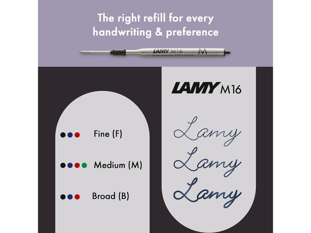 Infographic showing the LAMY M16 ballpoint refill compatibility range, available line widths and ink colours for the LAMY safari Ballpoint Pen Meteora 2026 Special Edition