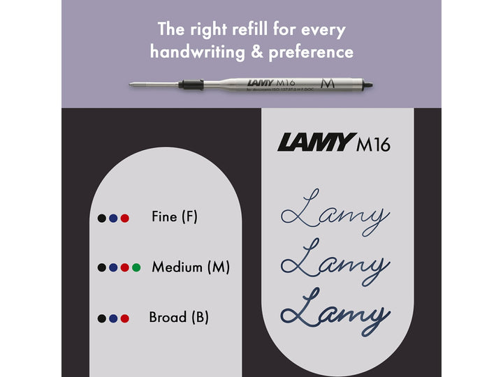 Infographic showing the LAMY M16 ballpoint refill compatibility range, available line widths and ink colours for the LAMY safari Ballpoint Pen Meteora 2026 Special Edition