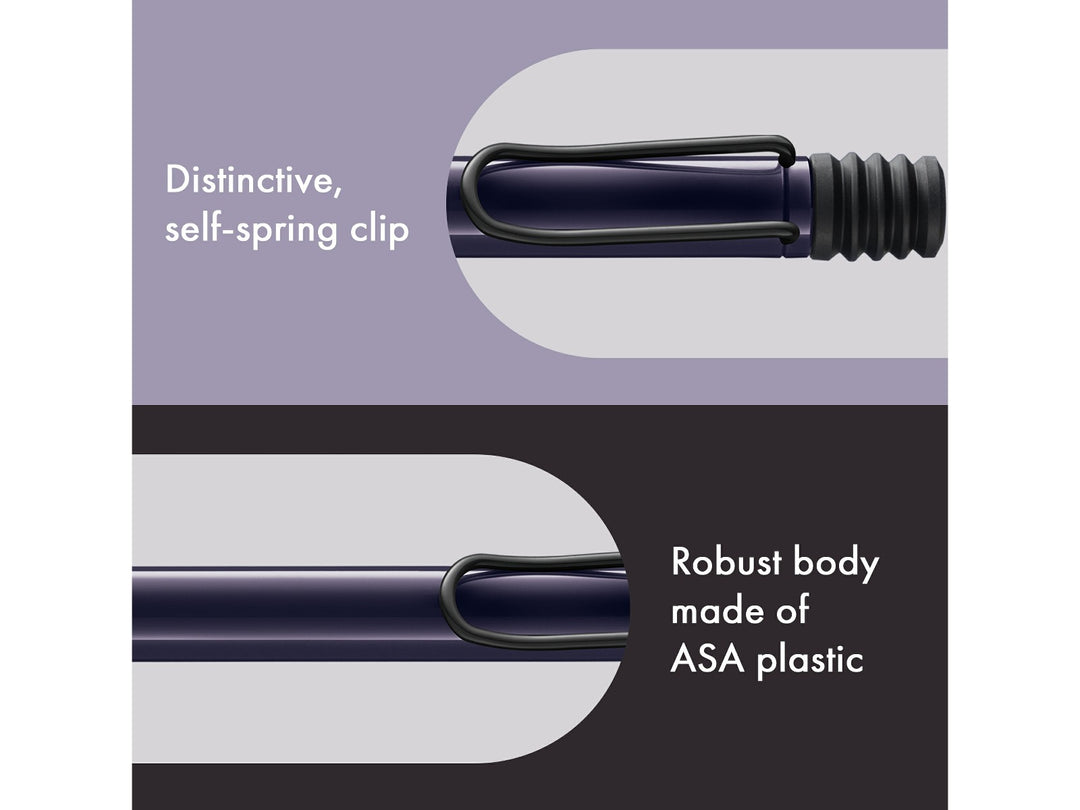 LAMY safari Ballpoint Pen Meteora Special Edition 2026 feature graphic showing self-spring clip and durable ASA plastic construction