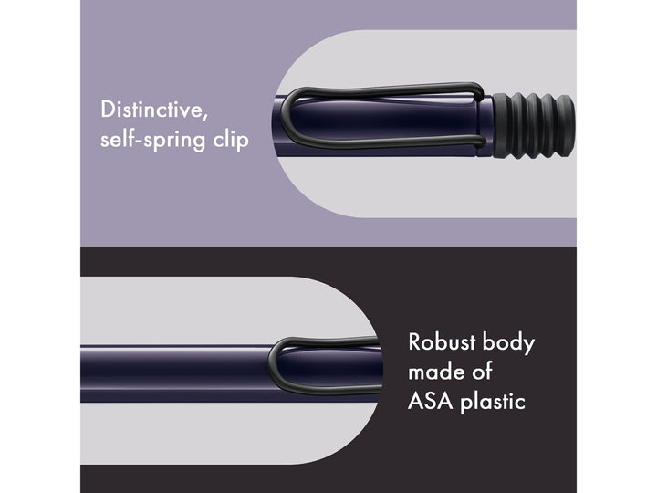 LAMY safari Ballpoint Pen Meteora Special Edition 2026 feature graphic showing self-spring clip and durable ASA plastic construction