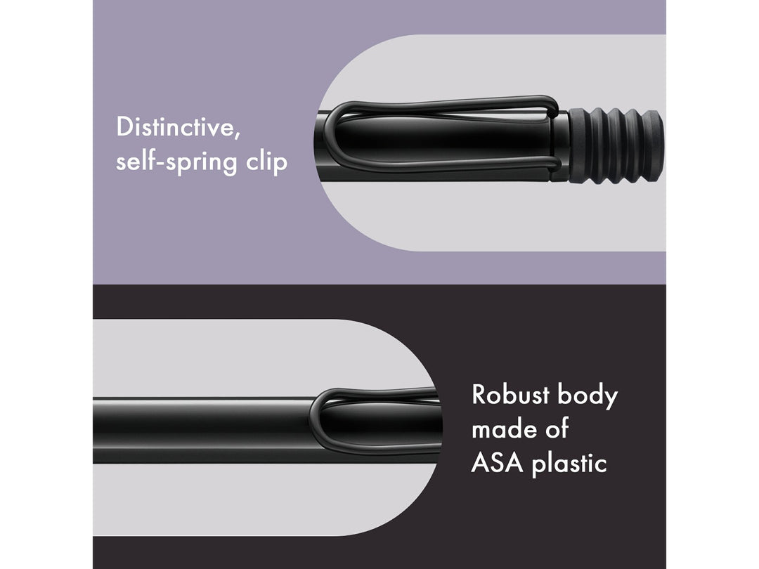 LAMY safari Ballpoint Pen Meteorite Special Edition 2026 feature graphic showing self-spring clip and durable ASA plastic construction