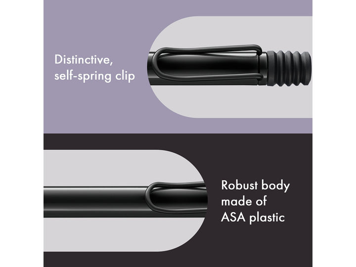 LAMY safari Ballpoint Pen Meteorite Special Edition 2026 feature graphic showing self-spring clip and durable ASA plastic construction